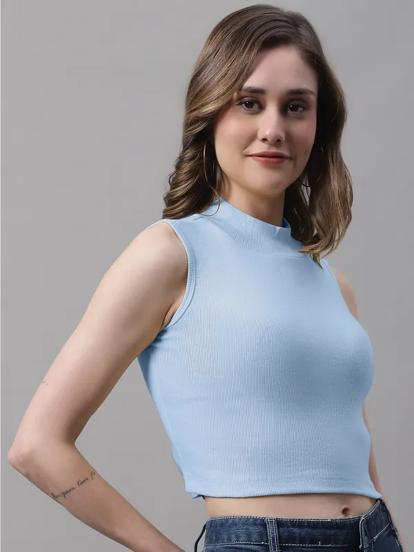 Turqouise_Cotton_Rib_Turtle_Neck_Crop_Top_For_Women