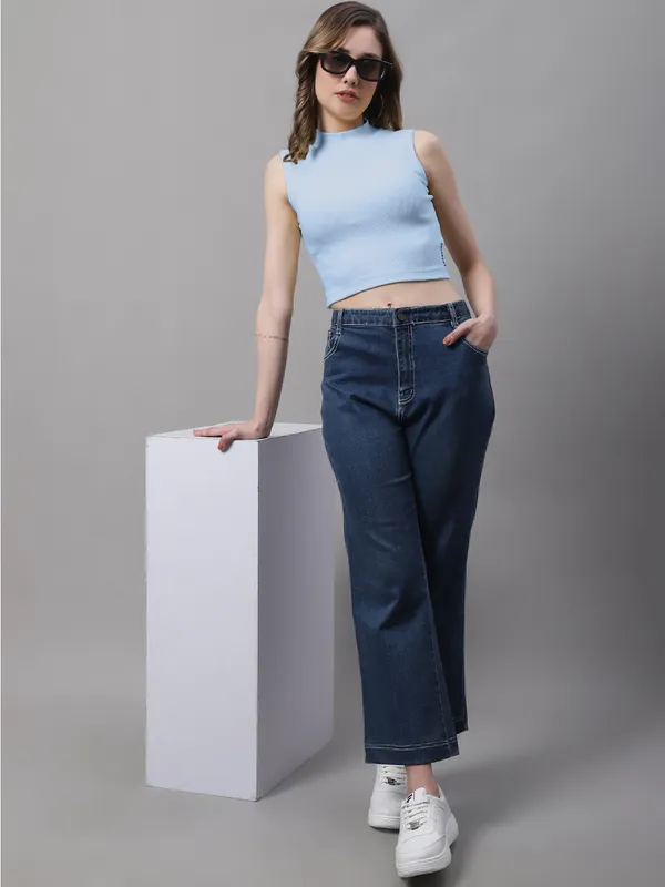 Turqouise_Cotton_Rib_Turtle_Neck_Crop_Top_For_Women
