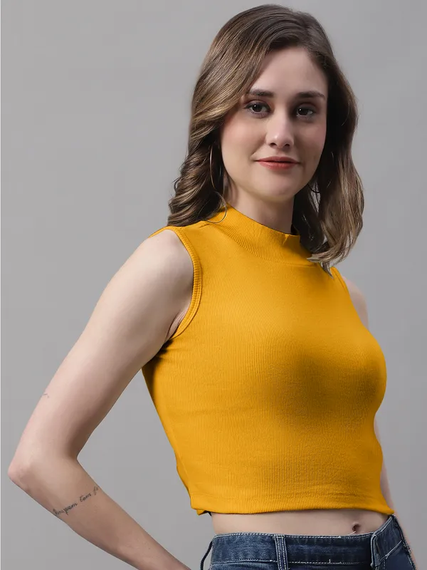 Gold_Cotton_Rib_Turtle_Neck_Crop_Top_For_Women