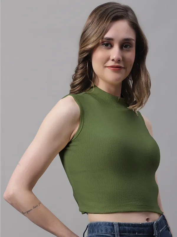 Olive_Cotton_Rib_Turtle_Neck_Crop_Top_For_Women