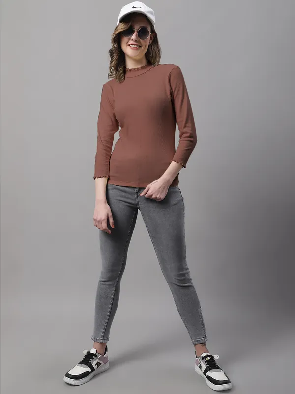 Brown_Cotton_Rib_Turtle_Neck_Medium_Top_For_Women