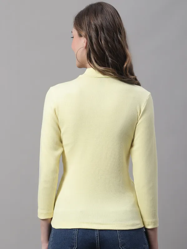 Yellow_Cotton_Rib_Turtle_Neck_Long_Sleeve_Top_For_Women