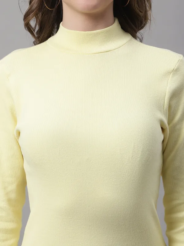 Yellow_Cotton_Rib_Turtle_Neck_Long_Sleeve_Top_For_Women