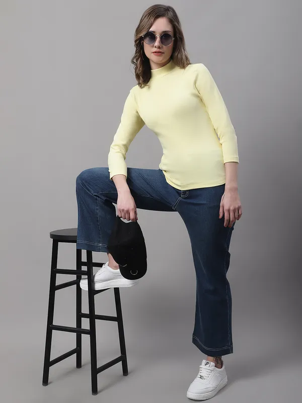 Yellow_Cotton_Rib_Turtle_Neck_Long_Sleeve_Top_For_Women