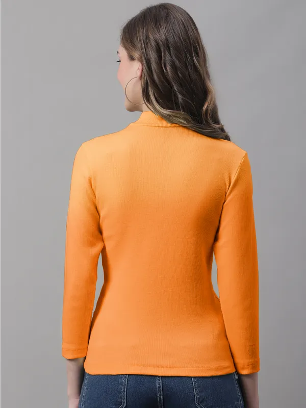 Orange_Cotton_Rib_Turtle_Neck_Long_Sleeve_Top_For_Women