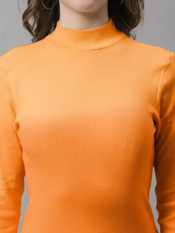 Orange_Cotton_Rib_Turtle_Neck_Long_Sleeve_Top_For_Women