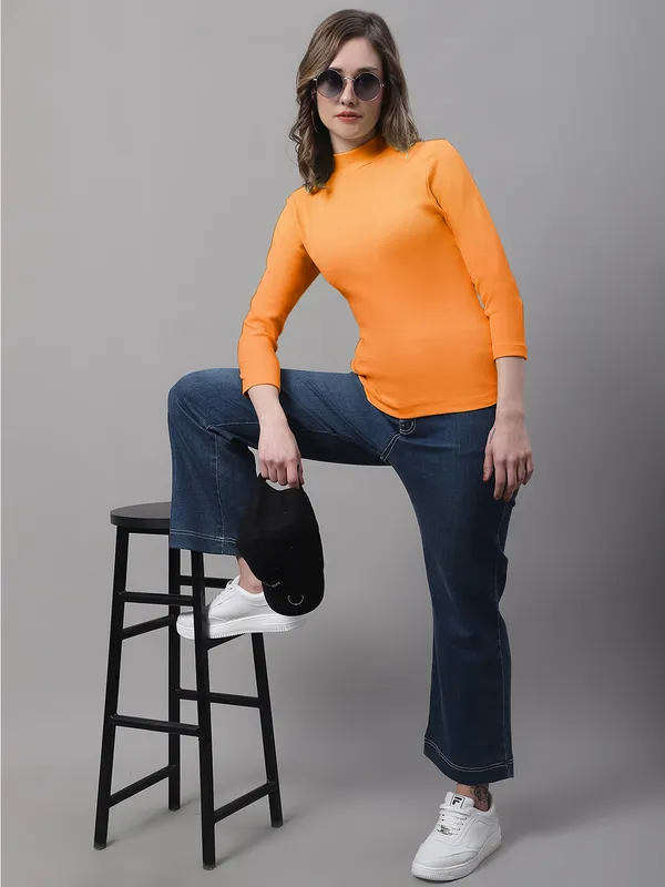 Orange_Cotton_Rib_Turtle_Neck_Long_Sleeve_Top_For_Women
