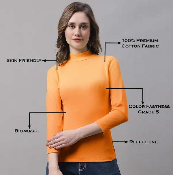 Orange_Cotton_Rib_Turtle_Neck_Long_Sleeve_Top_For_Women