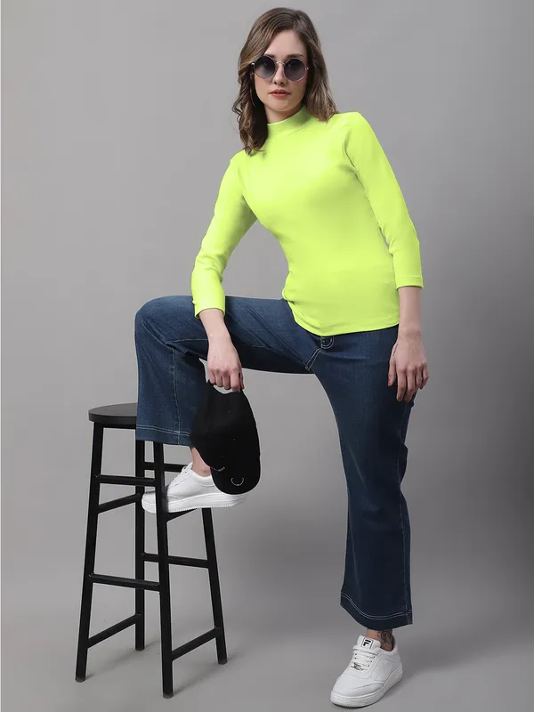 Parrot_Green_Cotton_Rib_Turtle_Neck_Long_Sleeve_Top_For_Women