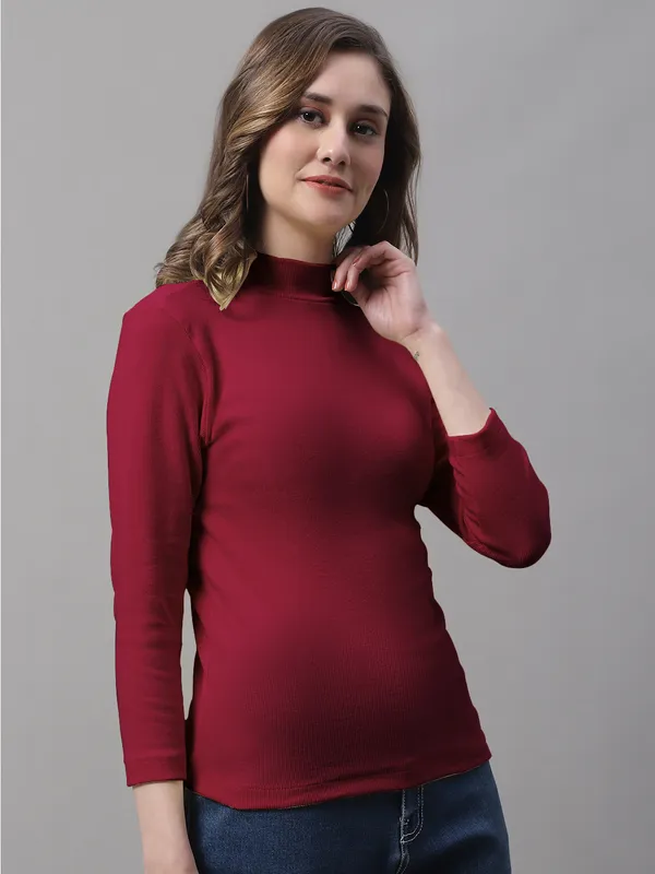 Maroon_Cotton_Rib_Turtle_Neck_Long_Sleeve_Top_For_Women