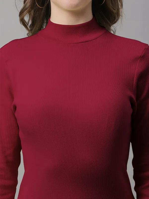 Maroon_Cotton_Rib_Turtle_Neck_Long_Sleeve_Top_For_Women