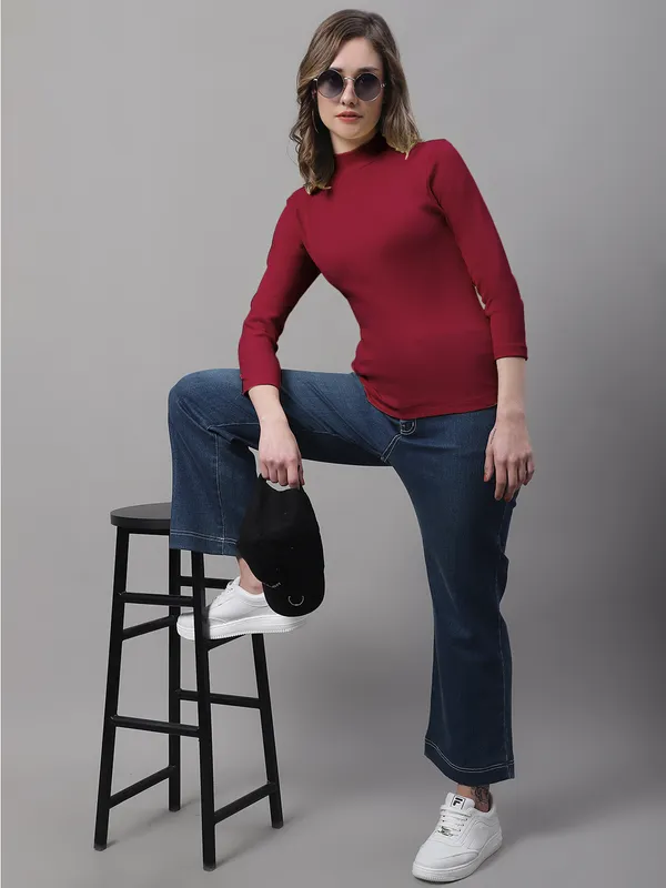 Maroon_Cotton_Rib_Turtle_Neck_Long_Sleeve_Top_For_Women