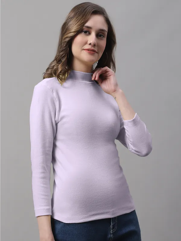 Purple_Cotton_Rib_Turtle_Neck_Long_Sleeve_Top_For_Women