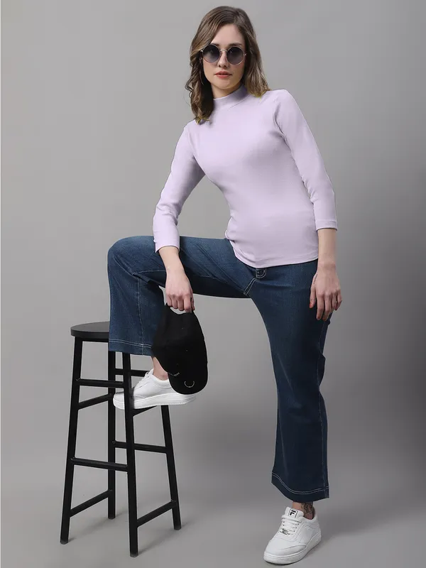 Purple_Cotton_Rib_Turtle_Neck_Long_Sleeve_Top_For_Women