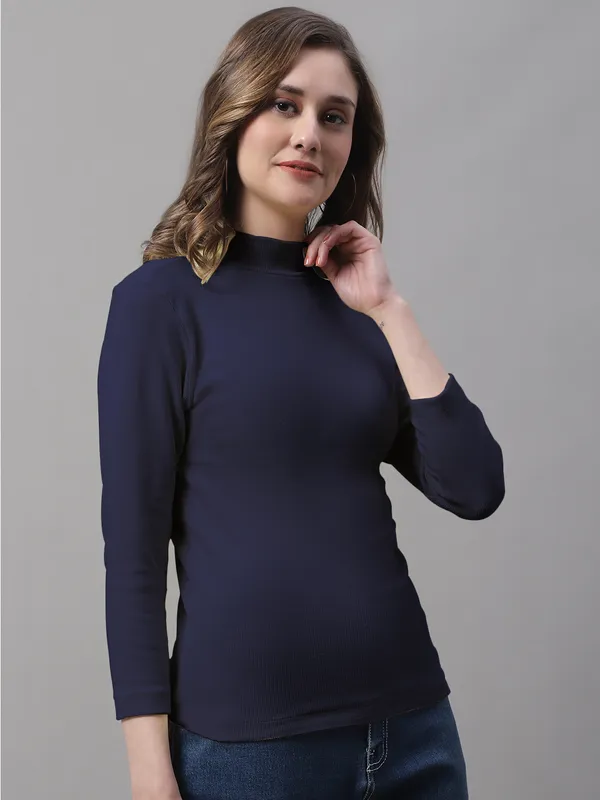 Navy_Cotton_Rib_Turtle_Neck_Long_Sleeve_Top_For_Women