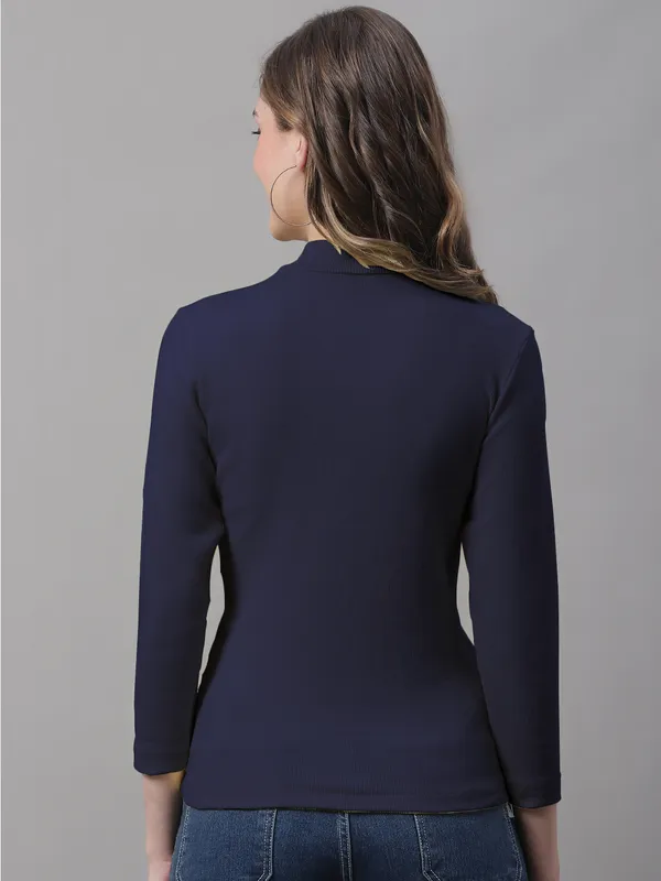 Navy_Cotton_Rib_Turtle_Neck_Long_Sleeve_Top_For_Women