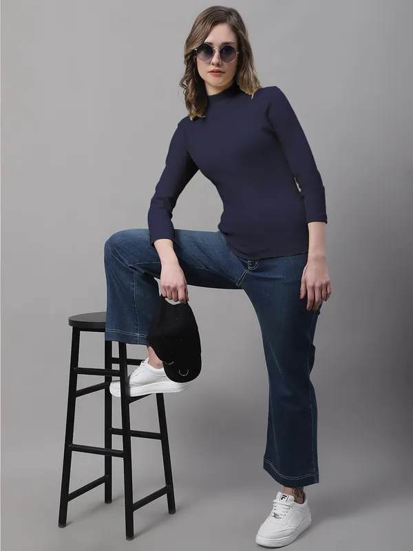Navy_Cotton_Rib_Turtle_Neck_Long_Sleeve_Top_For_Women