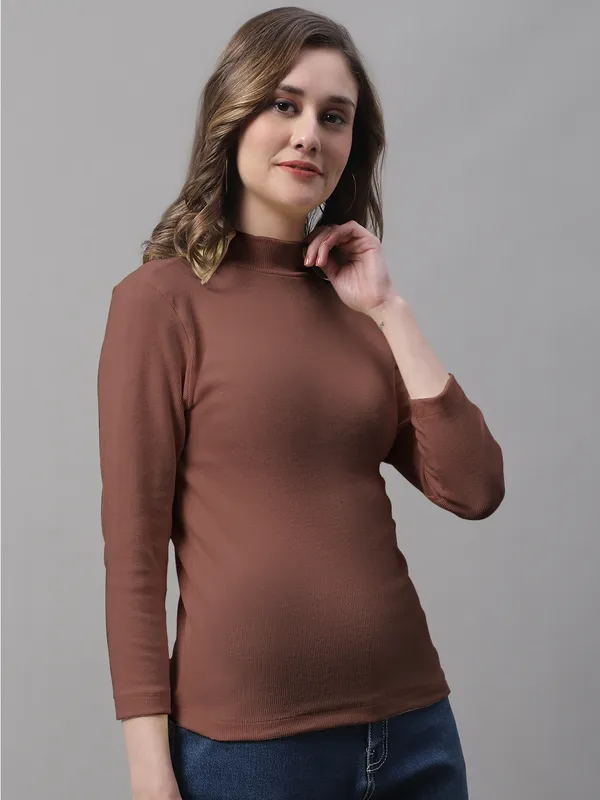Brown_Cotton_Rib_Turtle_Neck_Long_Sleeve_Top_For_Women