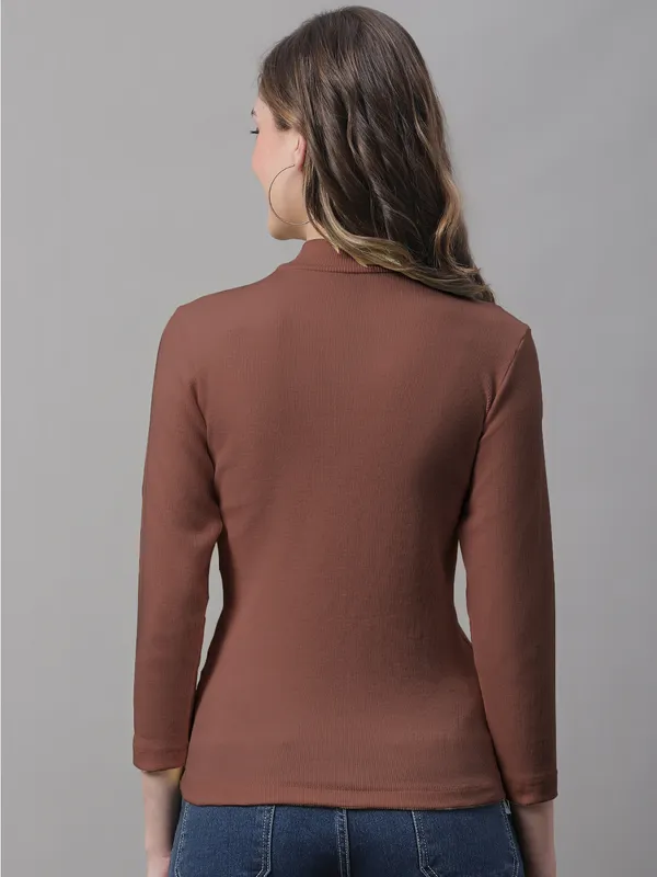 Brown_Cotton_Rib_Turtle_Neck_Long_Sleeve_Top_For_Women