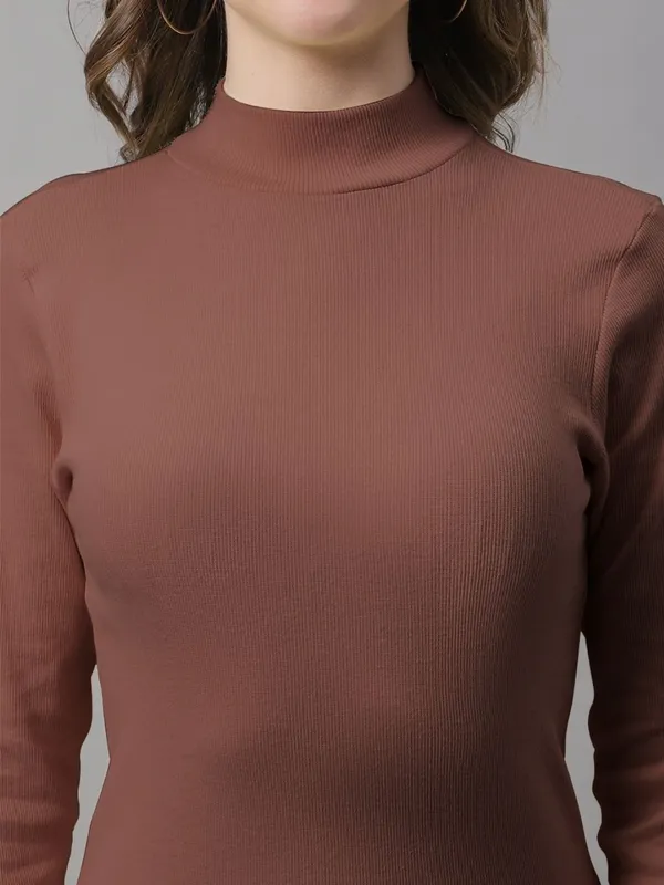 Brown_Cotton_Rib_Turtle_Neck_Long_Sleeve_Top_For_Women