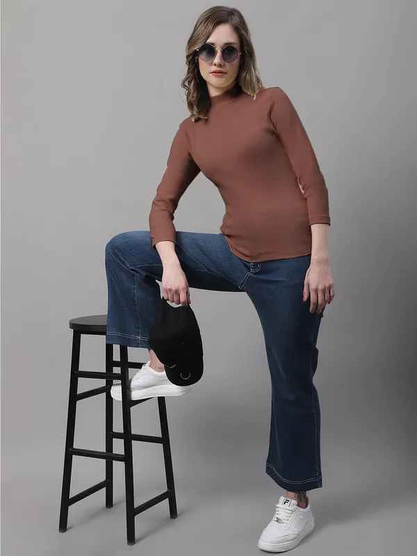 Brown_Cotton_Rib_Turtle_Neck_Long_Sleeve_Top_For_Women