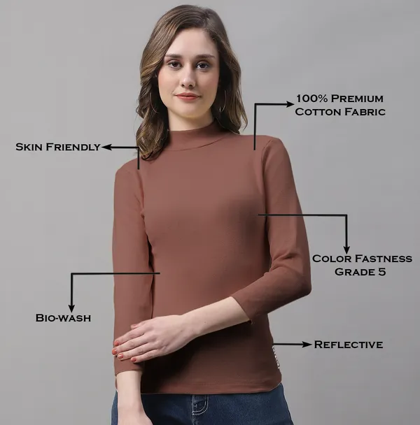 Brown_Cotton_Rib_Turtle_Neck_Long_Sleeve_Top_For_Women