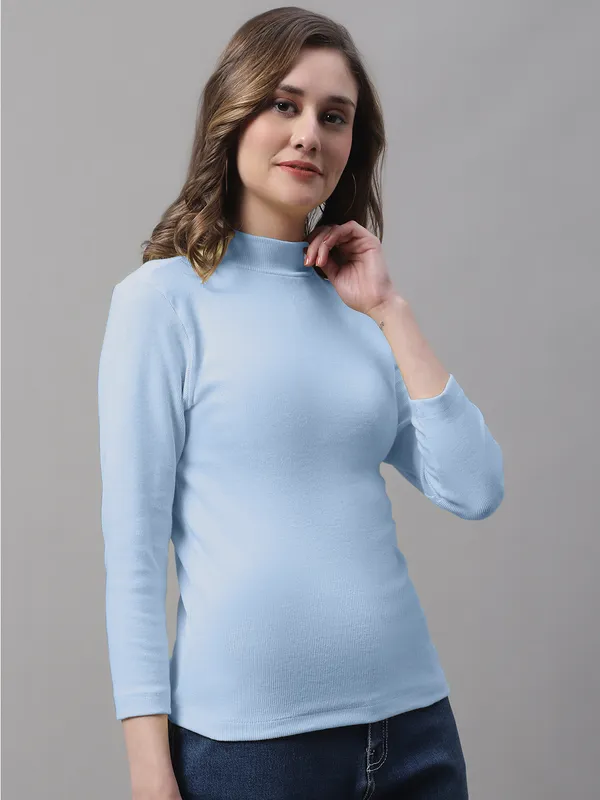 Turqouise_Cotton_Rib_Turtle_Neck_Long_Sleeve_Top_For_Women