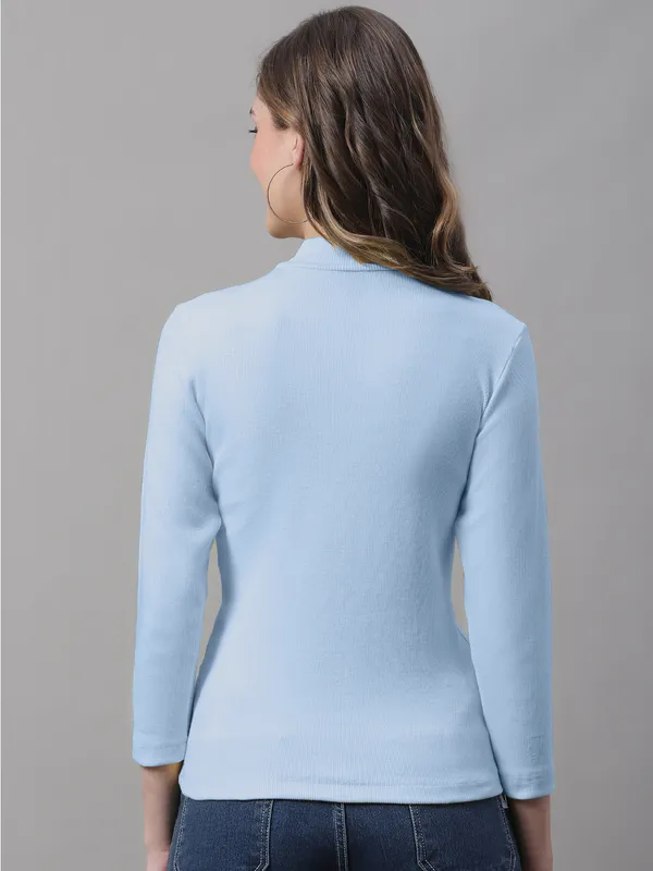 Turqouise_Cotton_Rib_Turtle_Neck_Long_Sleeve_Top_For_Women