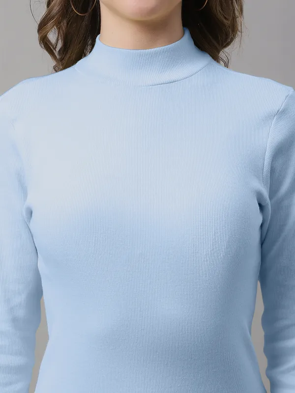 Turqouise_Cotton_Rib_Turtle_Neck_Long_Sleeve_Top_For_Women