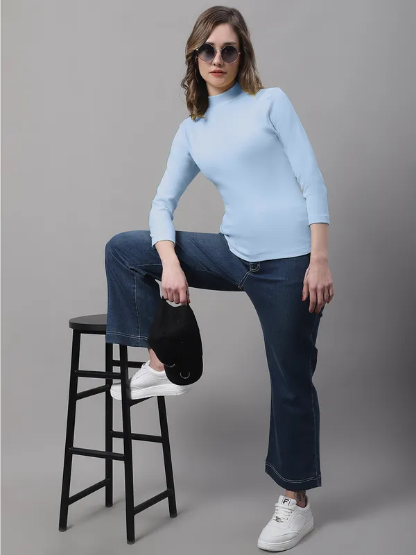Turqouise_Cotton_Rib_Turtle_Neck_Long_Sleeve_Top_For_Women