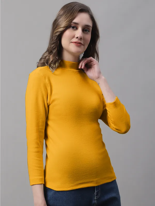 Gold_Cotton_Rib_Turtle_Neck_Long_Sleeve_Top_For_Women