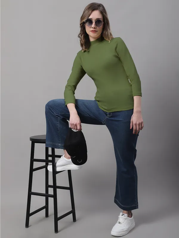 Olive_Cotton_Rib_Turtle_Neck_Long_Sleeve_Top_For_Women