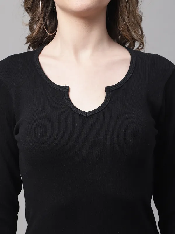 Black_Cotton_Rib_V-Neck_Regular_Top_For_Women