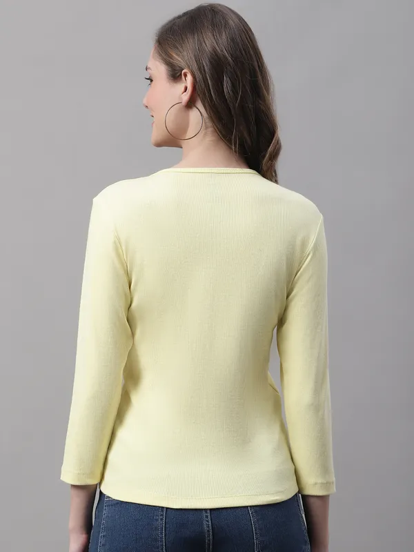 Yellow_Cotton_Rib_V-Neck_Regular_Top_For_Women