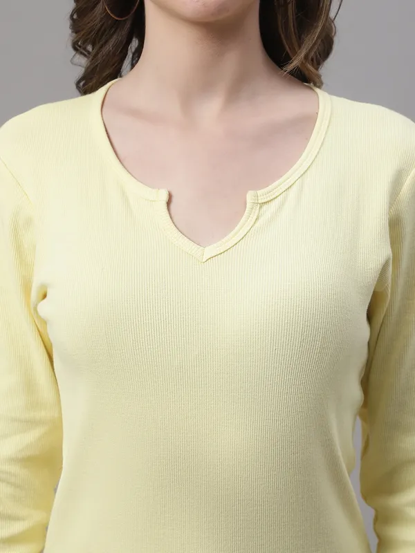 Yellow_Cotton_Rib_V-Neck_Regular_Top_For_Women