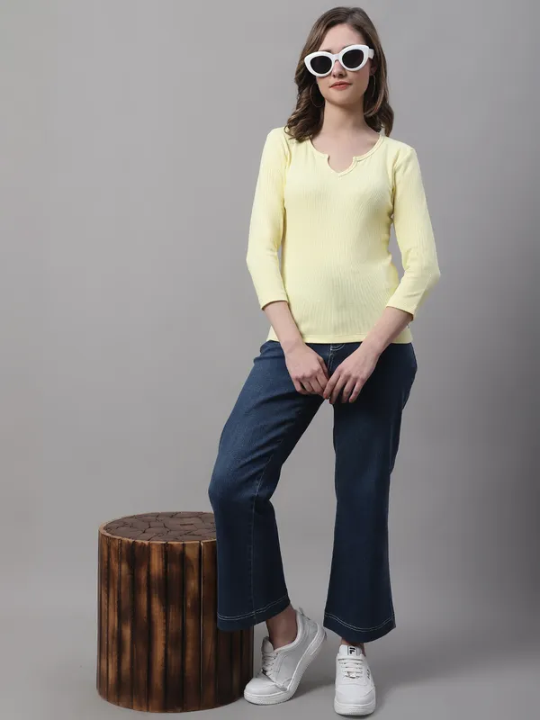 Yellow_Cotton_Rib_V-Neck_Regular_Top_For_Women