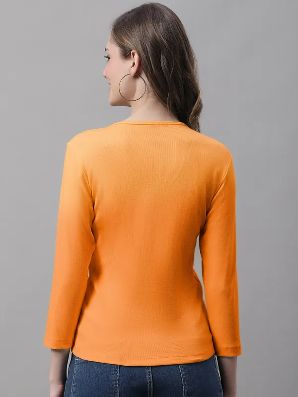 Orange_Cotton_Rib_V-Neck_Regular_Top_For_Women