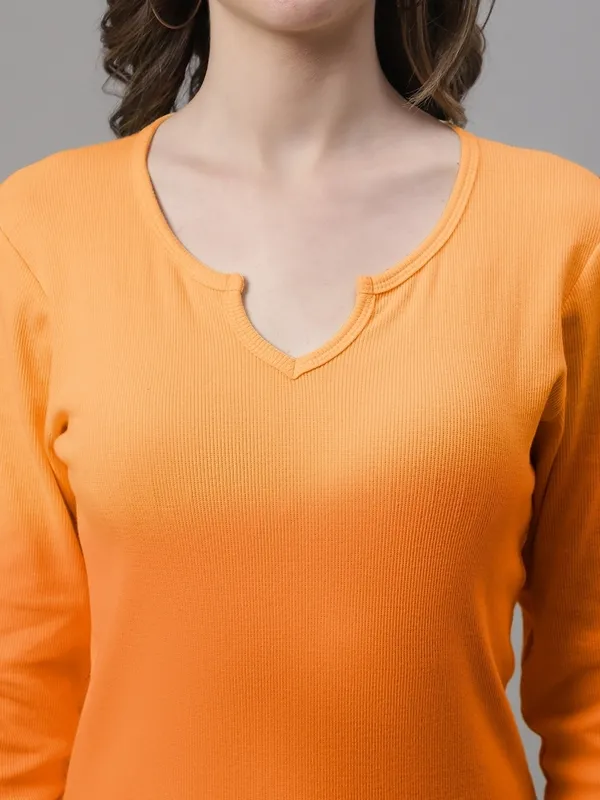 Orange_Cotton_Rib_V-Neck_Regular_Top_For_Women
