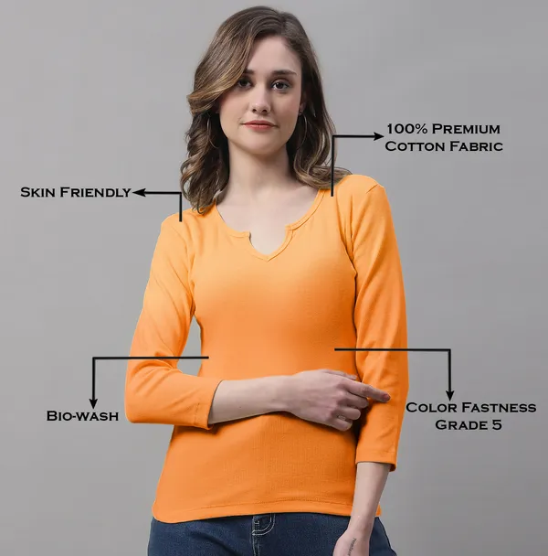 Orange_Cotton_Rib_V-Neck_Regular_Top_For_Women