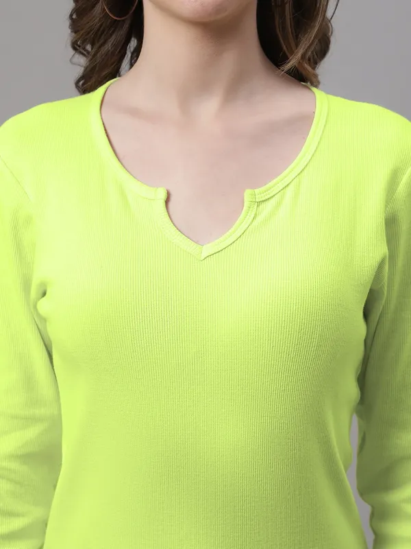 Parrot_Green_Cotton_Rib_V-Neck_Regular_Top_For_Women