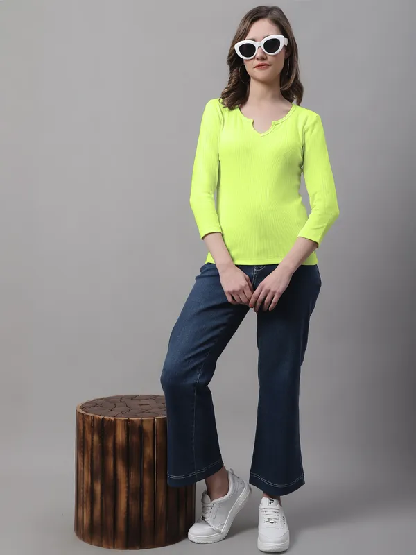 Parrot_Green_Cotton_Rib_V-Neck_Regular_Top_For_Women