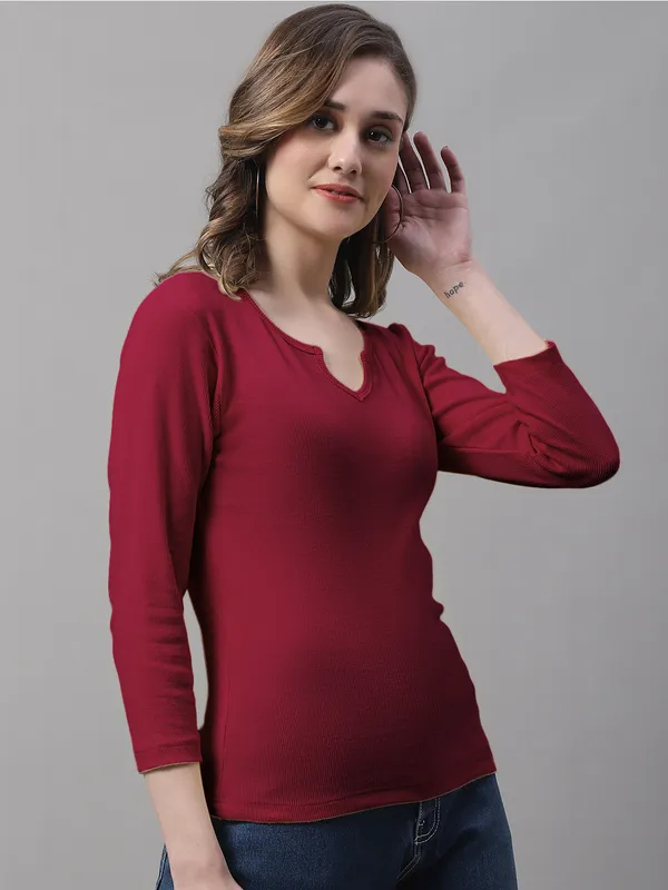 Maroon_Cotton_Rib_V-Neck_Regular_Top_For_Women