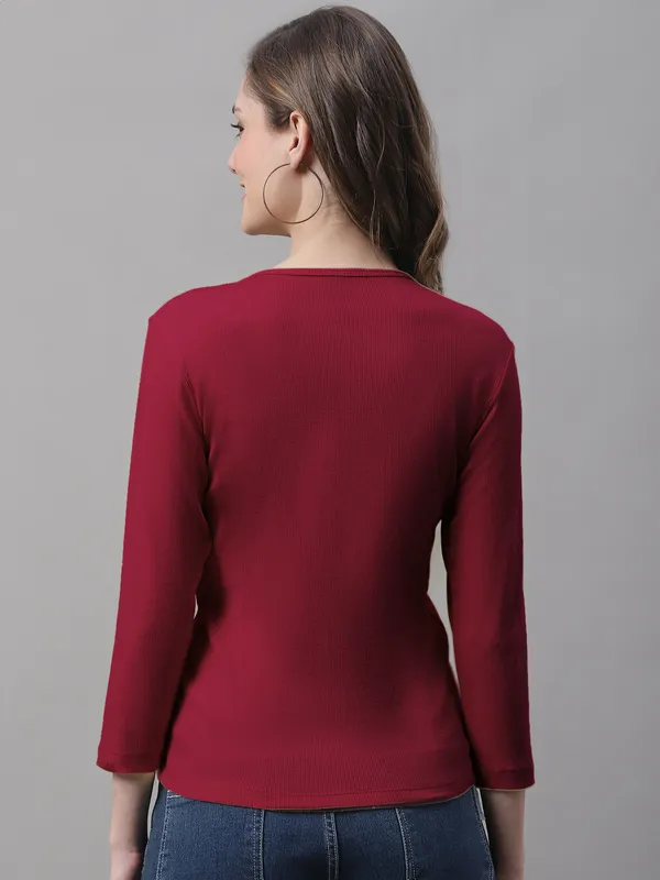 Maroon_Cotton_Rib_V-Neck_Regular_Top_For_Women