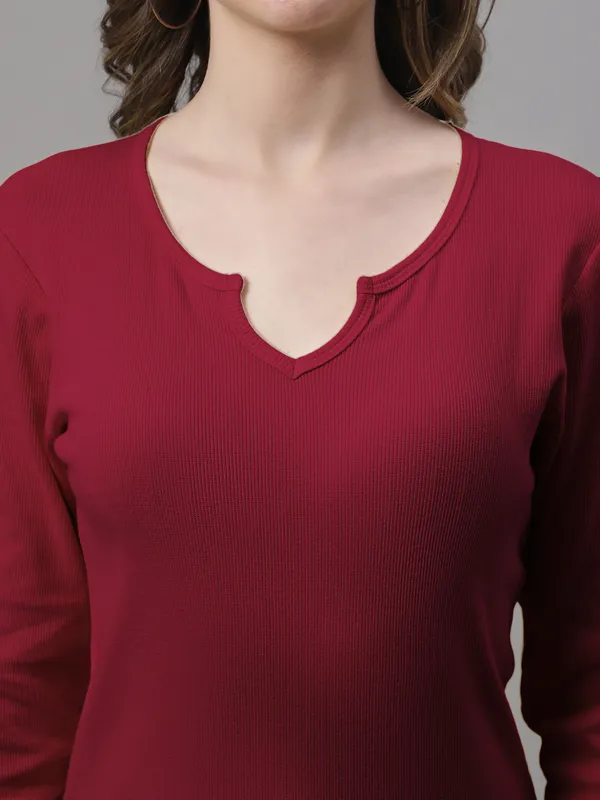 Maroon_Cotton_Rib_V-Neck_Regular_Top_For_Women