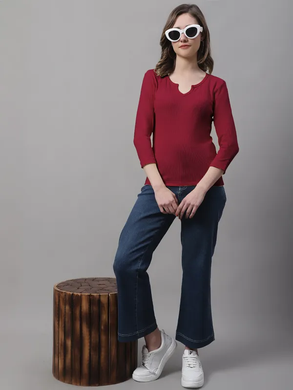 Maroon_Cotton_Rib_V-Neck_Regular_Top_For_Women