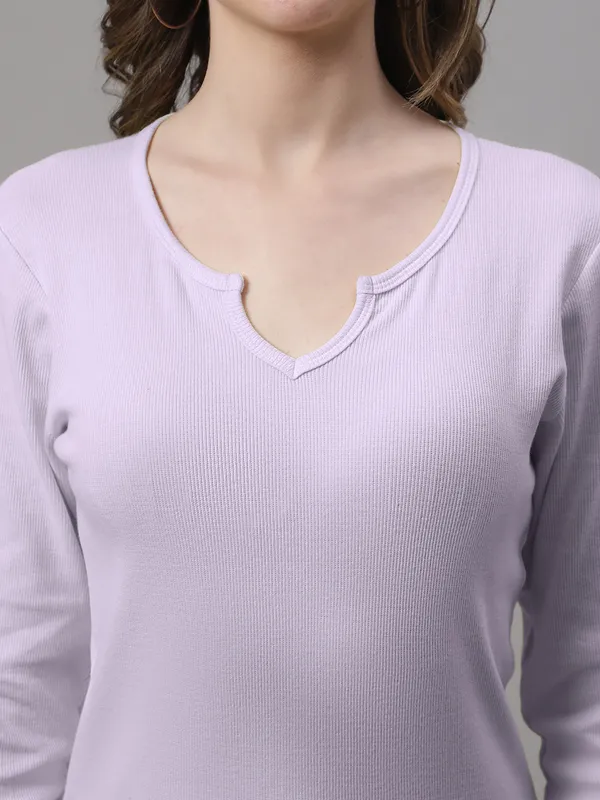 Purple_Cotton_Rib_V-Neck_Regular_Top_For_Women