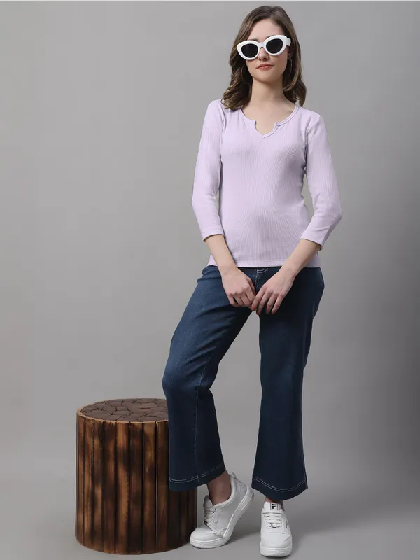 Purple_Cotton_Rib_V-Neck_Regular_Top_For_Women