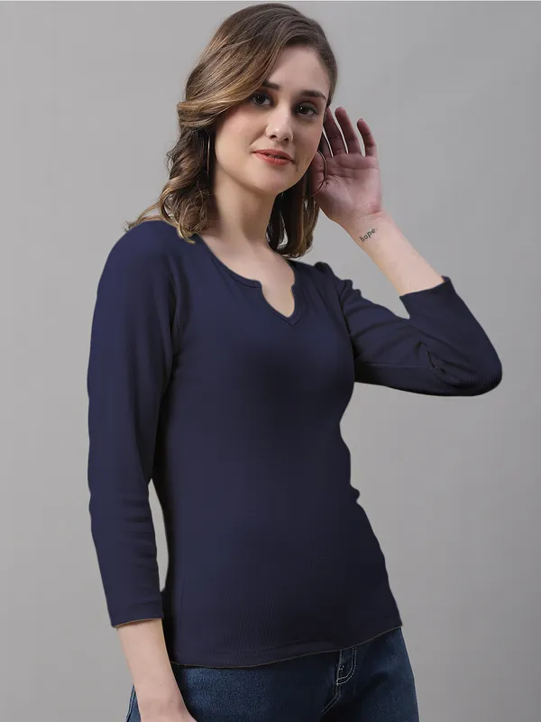 Navy_Blue_Cotton_Rib_V-Neck_Regular_Top_For_Women