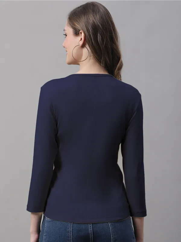 Navy_Blue_Cotton_Rib_V-Neck_Regular_Top_For_Women