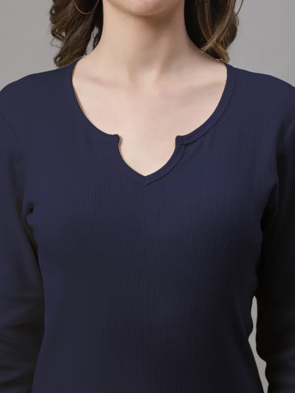 Navy_Blue_Cotton_Rib_V-Neck_Regular_Top_For_Women